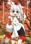  1girl :3 absurdres animal_ears bare_shoulders breasts detached_sleeves fangs forest hat highres inubashiri_momiji looking_at_viewer nature open_mouth pom_pom_(clothes) red_eyes ribbon-trimmed_sleeves ribbon_trim shinomiya_naka short_hair silver_hair skirt solo tail tokin_hat touhou translation_request tree wolf_ears wolf_tail 