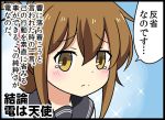  1girl bell_(oppore_coppore) blue_background blush blush_stickers brown_eyes brown_hair closed_mouth folded_ponytail hair_between_eyes inazuma_(kantai_collection) kantai_collection neckerchief school_uniform serafuku simple_background solo sparkle tears translation_request 