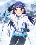  1girl :d blue_hair blush brown_eyes gloves goggles goggles_on_head idolmaster idolmaster_million_live! kisaragi_chihaya long_hair million_live_card official_art open_mouth skiing smile solo 