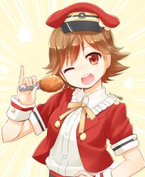  1girl ;d blush brown_eyes brown_hair fried_chicken hand_on_hip hat honda_mio idolmaster idolmaster_cinderella_girls nagian one_eye_closed open_mouth peaked_cap pinky_out short_hair smile solo wrist_cuffs 