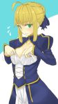  1girl ahoge blonde_hair blush breast_conscious breasts cleavage cleavage_cutout collarbone dress dress_tug embarrassed fate/stay_night fate_(series) flying_sweatdrops green_eyes hair_ribbon highres juliet_sleeves kosdsp long_sleeves puffy_sleeves ribbon saber shiny shiny_hair short_hair solo 
