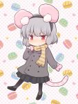  1girl animal_ears dra grey_hair hairband macaron mouse_ears mouse_tail nazrin pantyhose red_eyes scarf short_hair skirt smile solo tail touhou winter_clothes 