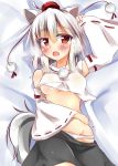  1girl absurdres animal_ears bare_shoulders blush breasts breath detached_sleeves highres inubashiri_momiji kuzumomo lying no_bra open_mouth panties red_eyes solo tail touhou under_boob underwear white_hair white_panties wide_sleeves wolf_ears wolf_tail 