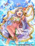  1girl :d anklet arabian_clothes arm_up armlet barefoot blue_eyes bracelet character_request dragon_tactics ichinose777 jewelry long_hair looking_up midriff navel necklace official_art open_mouth outdoors sky smile solo_focus very_long_hair wading water water_droplets 