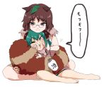  2girls ameyu animal_ears barefoot bottle brown_eyes brown_hair capelet futatsuiwa_mamizou glasses green_eyes green_hair kasodani_kyouko long_sleeves looking_at_another looking_at_viewer looking_down multiple_girls open_mouth raccoon_ears raccoon_tail short_hair simple_background sitting sleeveless smile speech_bubble tail text touhou translation_request white_background 