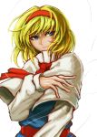  1girl alice_margatroid blonde_hair blue_dress blue_eyes capelet dress hairband littlefinger1988 long_sleeves looking_to_the_side puffy_long_sleeves puffy_sleeves short_hair smile string_around_finger touhou 
