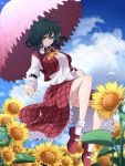  1girl ascot blue_sky breasts clouds field flower flower_field green_hair highres kazami_yuuka large_breasts long_sleeves open_clothes open_vest parasol petals red_eyes revision rihito_(usazukin) shirt skirt sky solo sunflower touhou umbrella vest 