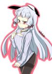  1girl bangs black_legwear blunt_bangs cleavage_cutout embarrassed hair_ribbon ishimari kantai_collection long_hair looking_at_viewer murakumo_(kantai_collection) open-chest_sweater pantyhose red_eyes ribbed_sweater ribbon short_eyebrows solo sweater sweater_tug tress_ribbon white_hair 