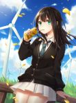  1girl brown_hair cardigan clouds drinking green_eyes highres idolmaster idolmaster_cinderella_girls jewelry juice_box long_hair necklace necktie school_uniform shibuya_rin skirt sky solo wind wind_turbine windmill yezhi_na 