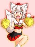  1girl animal_ears breasts cheerleader elu_butyo hat highres inubashiri_momiji looking_at_viewer midriff miniskirt navel open_mouth pink_background red_eyes short_hair silver_hair simple_background skirt solo tail tokin_hat touhou wolf_ears wolf_tail 
