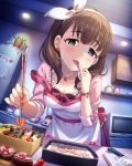  1girl apron earrings food heart heart-shaped_food heart_earrings idolmaster idolmaster_cinderella_girls jewelry kitchen necklace obentou official_art polka_dot sakuma_mayu solo tako-san_wiener tasting 