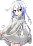  1girl blue_eyes glasses hibiki_(kantai_collection) kantai_collection long_hair nekobaka ribbed_sweater silver_hair solo sweater 