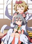  2girls animal_ears blonde_hair blush bwell capelet closed_eyes commentary_request grey_hair hair_ornament hand_on_head long_sleeves mouse_ears multicolored_hair multiple_girls nazrin open_mouth petting pink_eyes shawl sitting smile streaked_hair tiger_print toramaru_shou touhou wide_sleeves 