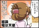  1girl bathrobe bell_(oppore_coppore) blush blush_stickers brown_hair flying_sweatdrops folded_ponytail from_behind inazuma_(kantai_collection) kantai_collection long_hair long_sleeves pointing simple_background solo sweatdrop translation_request 