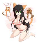 1girl animal_ears bikini black_hair blush breasts cat_ears cat_tail english front-tie_top green_eyes hair_ornament hairclip hand_puppet highres large_breasts long_hair looking_at_viewer open_mouth puppet side-tie_bikini sitting sollyz striped striped_bikini striped_swimsuit swimsuit tail wariza 