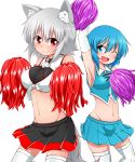  2girls animal_ears arm_up armpits blue_eyes blush breasts cheerleader highres inubashiri_momiji katsumi5o large_breasts looking_at_viewer midriff miniskirt mound_of_venus multiple_girls navel no_hat one_eye_closed open_mouth pom_pom_(clothes) pom_poms red_eyes short_hair silver_hair simple_background skirt tail tatara_kogasa thigh-highs touhou white_background white_legwear wolf_ears wolf_tail 