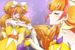  1girl ;d amanogawa_kirara bare_shoulders choker closed_eyes cure_twinkle earrings gloves go!_princess_precure jewelry long_hair miyoshi_(miyomiyo_344) multicolored_hair one_eye_closed open_mouth orange_hair precure redhead smile solo star star_earrings thigh-highs twintails two-tone_hair violet_eyes white_gloves white_legwear 