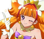  1girl ;) amanogawa_kirara bare_shoulders bust choker cure_twinkle detached_collar earrings gloves go!_princess_precure index_finger_raised jewelry kagami_chihiro long_hair looking_at_viewer magical_girl multicolored_hair one_eye_closed orange_hair precure redhead smile solo star star_earrings streaked_hair twintails two-tone_hair violet_eyes white_gloves 