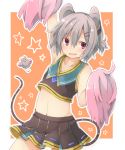  1girl adapted_costume akagashi_hagane alternate_costume alternate_hairstyle animal animal_ears arm_up blush cheerleader grey_hair hair_ornament hairclip looking_at_viewer midriff mouse mouse_ears mouse_tail navel nazrin open_mouth orange_background pink_eyes pom_poms ponytail shirt short_hair simple_background skirt skirt_set sleeveless smile star sweat tail touhou wavy_mouth 