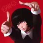  1girl black_hair blue_eyes blurry bust choker depth_of_field english face finger_gun ilya_kuvshinov lips original pointing red_background revision short_hair simple_background solo 