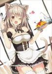  1girl ;d ahoge animal_ears bare_shoulders blonde_hair blush breasts cat_ears cat_tail cleavage fangs food glass heart heart-shaped_pupils long_hair looking_at_viewer maid maid_headdress one_eye_closed open_mouth original revision smile solo spoon symbol-shaped_pupils tail thigh-highs violet_eyes white_legwear yuui_hutabakirage 