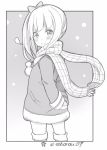  1girl 3:&lt; bow coat comic hair_bow hair_ribbon kantai_collection kasumi_(kantai_collection) long_hair looking_at_viewer mittens monochrome ribbon scarf side_ponytail silent_comic soborou solo translation_request winter_clothes winter_coat 