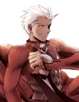  1boy archer axtame brown_eyes dark_skin fate/stay_night fate_(series) kanshou_&amp;_bakuya reverse_grip solo sword weapon white_hair 