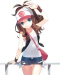  1girl arm_up bag baseball_cap blue_eyes brown_hair denim denim_shorts hat highres long_hair looking_at_viewer pokemon pokemon_(game) pokemon_bw ponytail ririko_(zhuoyandesailaer) short_shorts shorts sleeveless smile solo touko_(pokemon) v vest wristband 