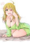 1girl 31_pacers ahoge blonde_hair blush breasts cleavage green_eyes hoshii_miki idolmaster jewelry long_hair one_eye_closed open_mouth pendant solo tears yawning 