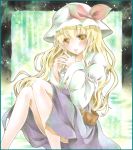  1girl belt blonde_hair blouse blush colored_pencil_(medium) hat hat_ribbon hoppesatou interlocked_fingers juliet_sleeves light_particles long_hair long_sleeves looking_at_viewer marker_(medium) parted_lips puffy_sleeves reclining ribbon ripples skirt solo touhou traditional_media two-tone_background watatsuki_no_toyohime watercolor_(medium) yellow_eyes 