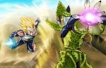  2boys aura battle blonde_hair blood blue_eyes bodysuit cell_(dragon_ball) dragon_ball dragon_ball_z energy_ball eyebrows flying gloves incoming_attack male_focus multiple_boys muscle perfect_cell spiky_hair super_saiyan thick_eyebrows thomas_bramall torn_clothes vegeta white_gloves 