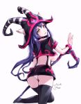 1girl artist_name black_legwear breasts hat jon_tw league_of_legends long_hair looking_at_viewer looking_back lulu_(league_of_legends) older panties purple_hair sideboob simple_background solo staff suspenders thigh-highs under_boob underwear white_background witch_hat yellow_eyes 