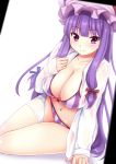  1girl alternate_costume arm_support bikini bikini_under_clothes blush bow breasts cleavage dress_shirt ebi_193 front-tie_top hair_bow hat large_breasts long_hair looking_at_viewer navel patchouli_knowledge purple_hair shirt simple_background smile solo striped striped_bikini striped_swimsuit swimsuit swimsuit_under_clothes touhou violet_eyes 