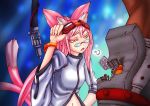  1girl animal_ears ayu_minori blazblue cable cat_ears cat_tail dark_skin glasses goggles goggles_on_head iron_tager kokonoe long_hair multiple_tails pince-nez pink_hair repairing small_breasts solo_focus tail two_side_up wide_sleeves yellow_eyes 