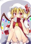  1girl absurdres ascot blonde_hair blush bow flandre_scarlet hat hat_bow highres kuzumomo panties pantyshot pantyshot_(sitting) red_eyes scarf side_ponytail sitting solo touhou underwear white_panties wings 