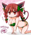  1girl :&lt; all_fours animal_ears artist_name bow bra braid breasts cat_ears cat_tail cleavage dated hair_bow hair_ribbon highres kaenbyou_rin long_hair looking_at_viewer multiple_tails nekomata noai_nioshi panties red_eyes redhead ribbon signature sketch snort solo tail touhou translated tsurime twin_braids underwear 