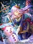  1girl boots character_request company_name cross dragon_tactics dutch_angle gloves ichinose777 long_hair official_art open_mouth scarf snow snowman staff thigh-highs white_gloves yellow_eyes 