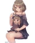  1girl artist_name blue_eyes brown_hair chibi green_eyes heterochromia idolmaster idolmaster_cinderella_girls looking_at_viewer meto31 minigirl short_hair sitting smile solo takagaki_kaede thighs 