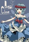  1girl alternate_costume blue_eyes blue_hair bow character_name cirno corset dress flower garland_(decoration) no_hat open_mouth ribbon short_hair skirt_hold smile solo touhou wings yoshinaga_p 