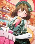  1girl ^_^ beamed_quavers blush brown_hair cake closed_eyes crepe cup cupcake dutch_angle eating food food_on_face hat idolmaster idolmaster_million_live! nagayoshi_subaru official_art pastry solo teacup tiered_tray wafer_stick 