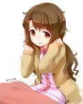  1girl adjusting_hair blanket brown_eyes brown_hair dated idolmaster idolmaster_cinderella_girls long_hair messy_hair nagian open_mouth pajamas shimamura_uzuki sitting smile sweater 