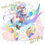  2014 2boys arm_support blue_eyes brown_hair dream_eater english fingerless_gloves gloves green_eyes happy_new_year kingdom_hearts kingdom_hearts_3d_dream_drop_distance male_focus multiple_boys new_year ng_sam open_mouth pegasus popped_collar riding riku smile sora_(kingdom_hearts) spiky_hair white_hair wristband 