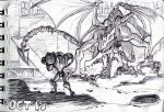  1girl alex_ahad arm_cannon dated faceoff metroid ridley samus_aran scan scan_artifacts size_difference sketch tail traditional_media varia_suit weapon wings 