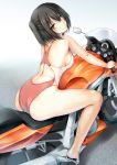  1girl 8000 alternate_costume barefoot breasts brown_eyes brown_hair competition_swimsuit from_behind kantai_collection motor_vehicle motorcycle one-piece_swimsuit sendai_(kantai_collection) short_hair sideboob smile solo swimsuit two_side_up vehicle 