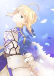  1girl ahoge armor armored_dress artoria_pendragon_(all) blonde_hair blue_background fate/grand_order fate/stay_night fate_(series) faulds gauntlets green_eyes hair_ribbon juliet_sleeves kouyou_akiko long_sleeves looking_at_viewer petals puffy_sleeves ribbon saber smile solo 
