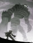  1boy cloak colossus gaius greyscale monochrome shadow_of_the_colossus size_difference sword thomas_bramall wander weapon 