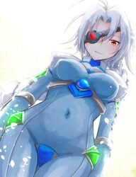  1girl backlighting blazblue bodysuit braid breasts covered_navel crotch_plate eyepatch haiiro_(gray9306) long_hair nu-13 red_eyes silver_hair single_braid smile solo 