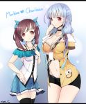  2girls breasts brown_hair highres long_hair looking_at_viewer multiple_girls red_eyes ripe.c silver_hair twintails 