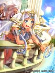  1girl 2boys arabian_clothes armlet balcony beach blue_eyes bracelet character_request dragon_tactics dutch_angle ichinose777 jewelry lens_flare long_hair multiple_boys navel necklace official_art open_mouth palm_tree ring short_hair sky solo_focus sun tree water 