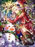  1girl bell blush character_request company_name cross dragon_tactics holly ichinose777 long_hair official_art open_mouth snowman staff thigh-highs yellow_eyes 